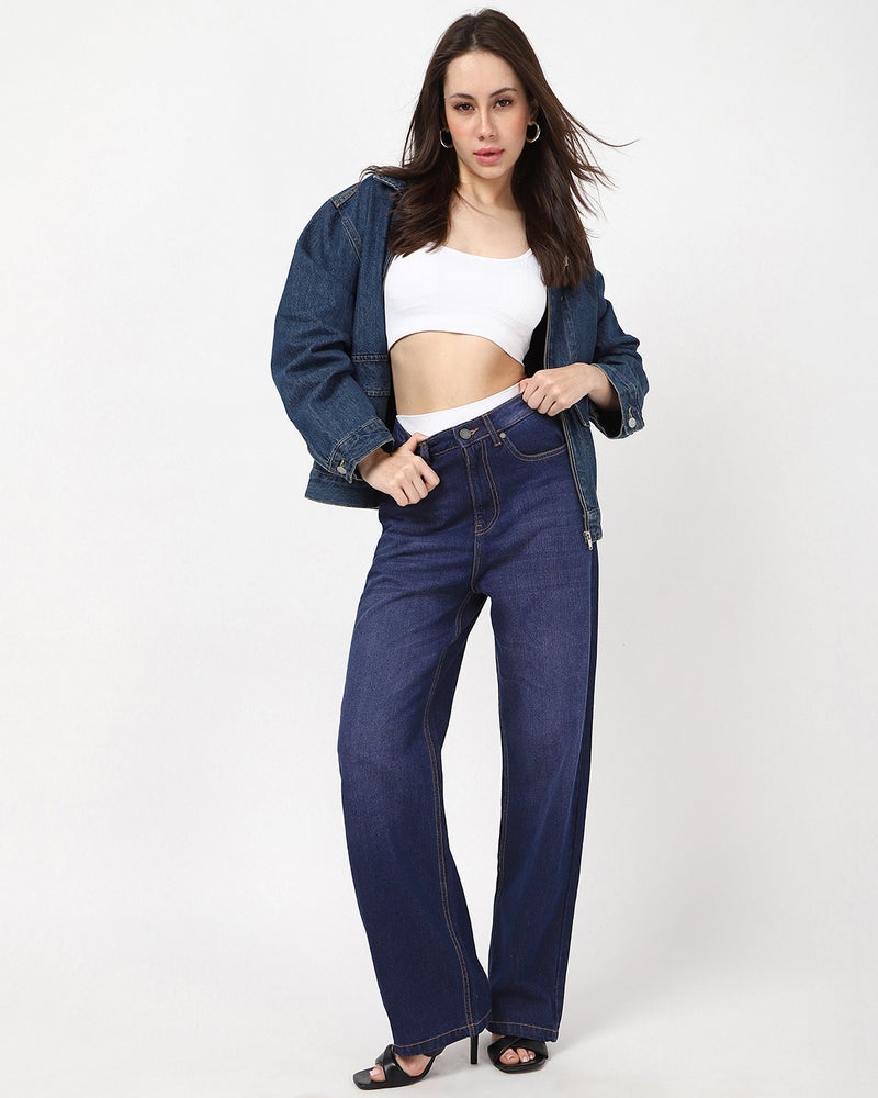 bewakoof Women's Dark Blue Washed Baggy Straight Fit Jeans - Image 4